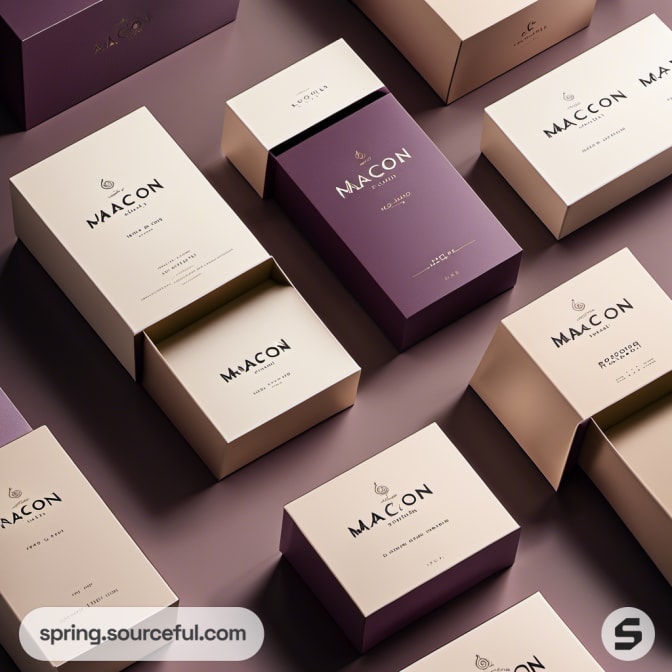 Flat lay of elegant purple and cream packaging design.