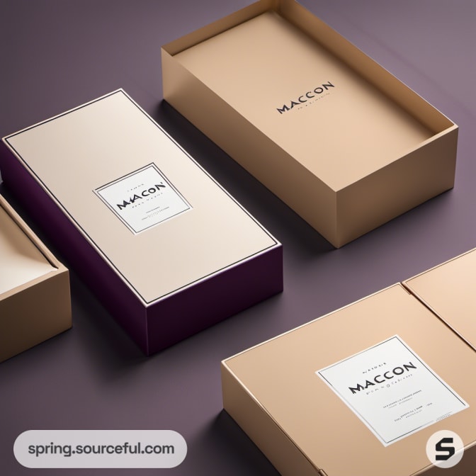 Cream and purple rectangular boxes with a sleek design.