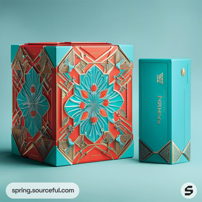 Art Deco themed box in turquoise and coral with gold patterns.