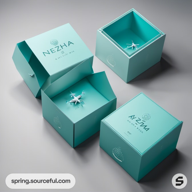 Teal boxes with geometric design and small star decor.
