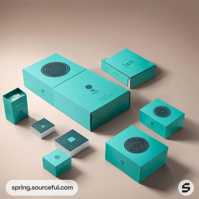 Assorted teal rectangular boxes with circular design patterns.