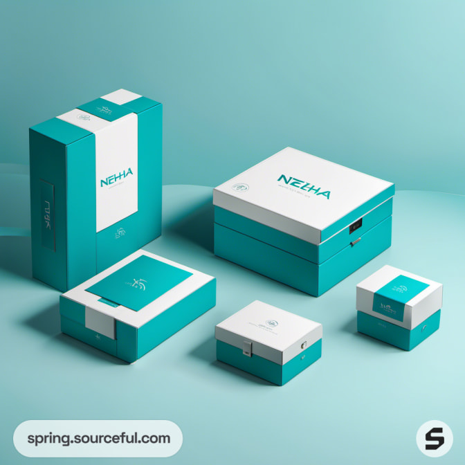 Teal and white packages with squared and rectangular shapes.