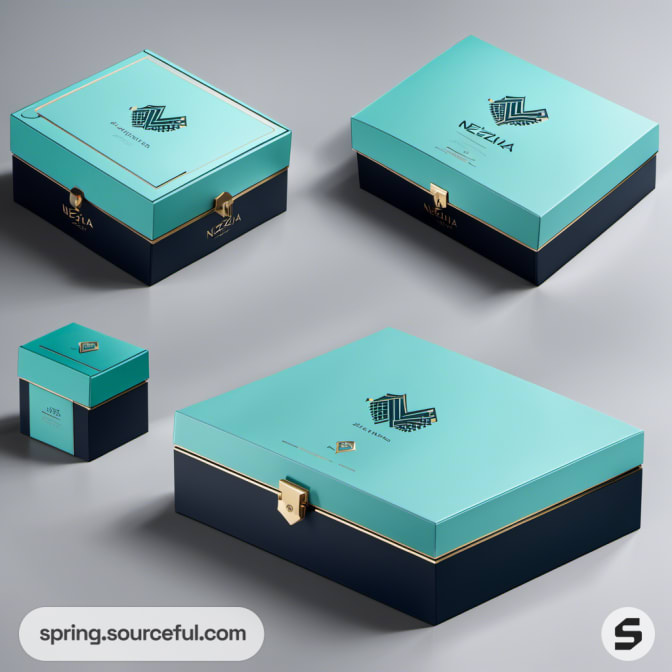 Luxurious teal and navy boxes with gold details.