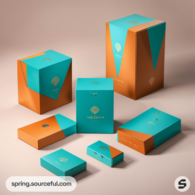 Teal and orange boxes with geometric patterns.