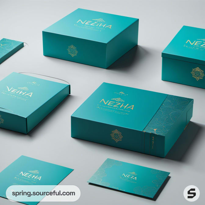 Teal boxes with elegant gold details and logos.