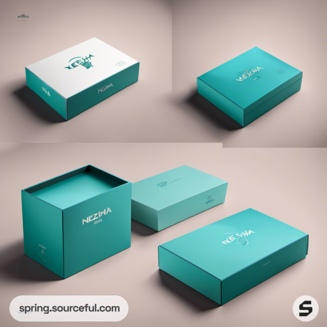 Various teal boxes with simple design and white accents.