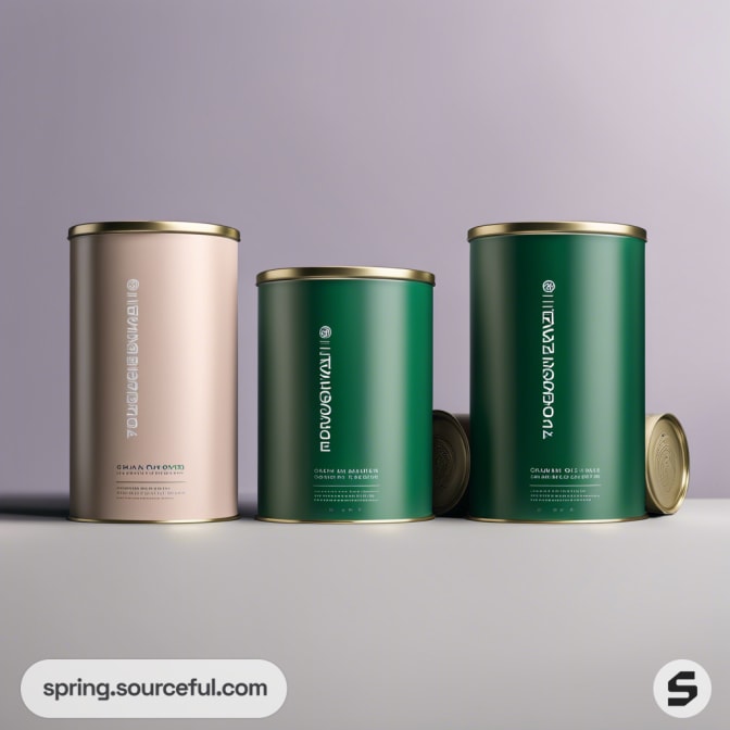 Three cylindrical containers in green and beige with gold lids