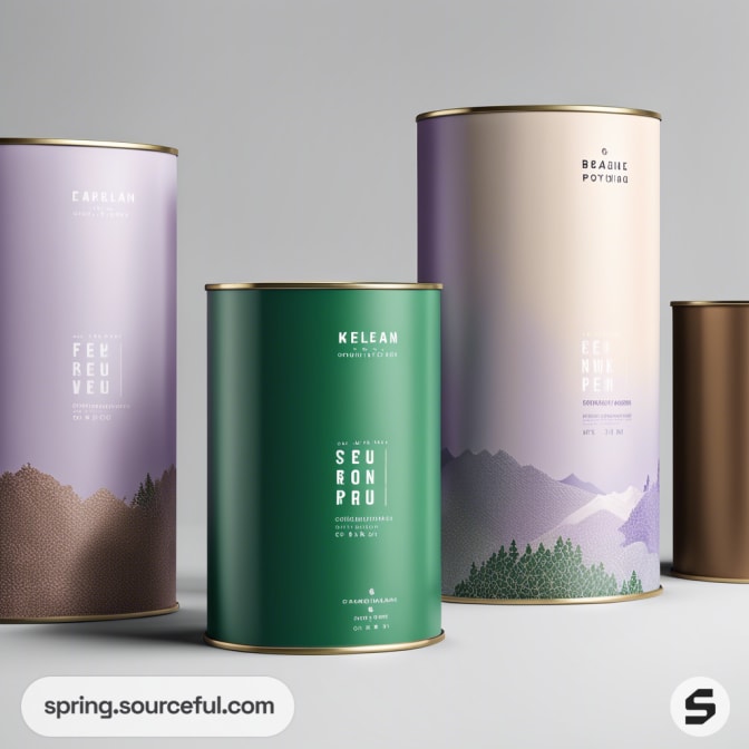 Cylindrical containers in purple, green, with nature-themed designs