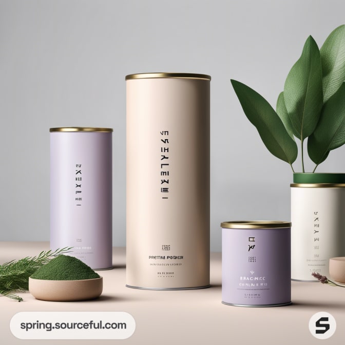 Tall beige container and smaller pastel containers with plants