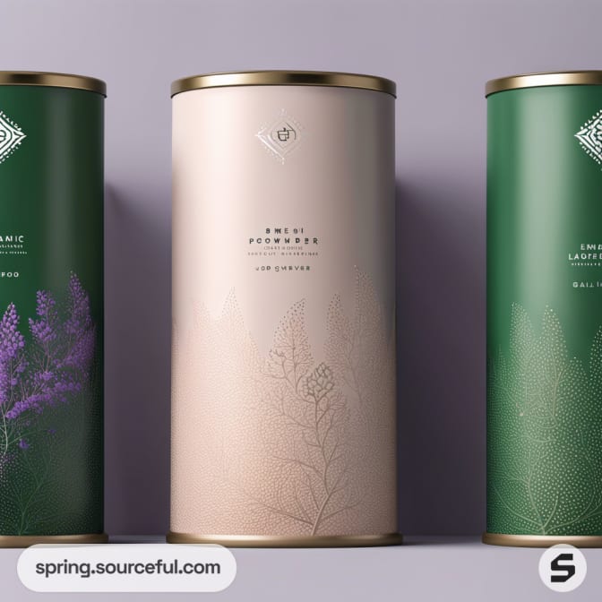 Three cylindrical containers with floral designs in green and beige