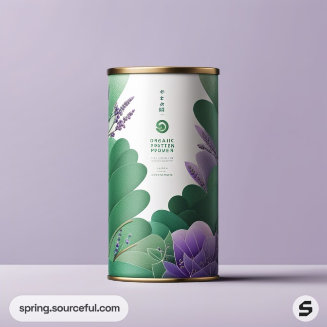 Green and purple container with floral and leaf patterns