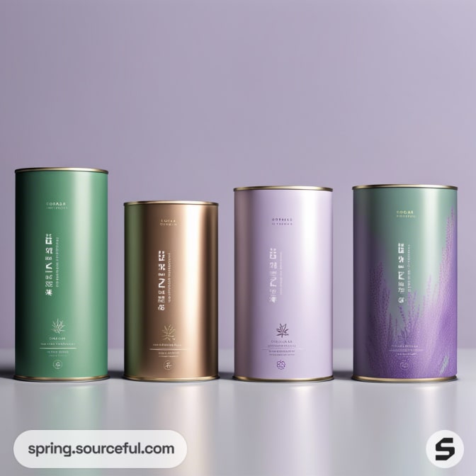 Four cylindrical containers in green, gold, lavender, and purple