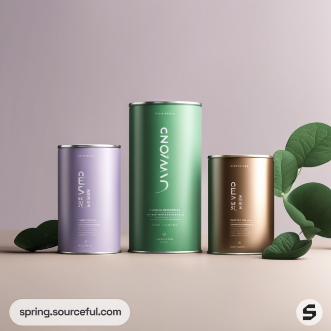 Three cylindrical containers in purple, green, and gold with leaves
