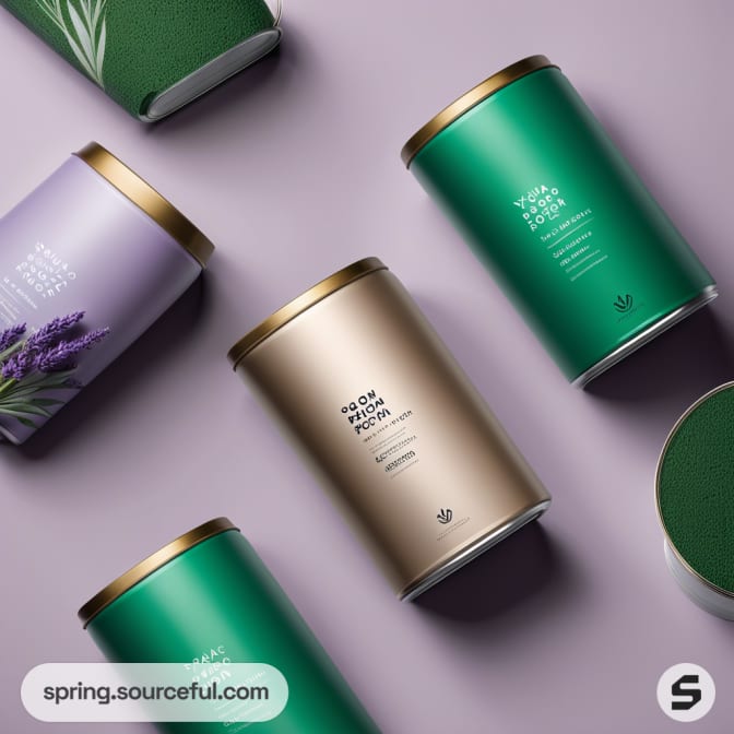 Cylindrical containers in green and beige on a purple surface