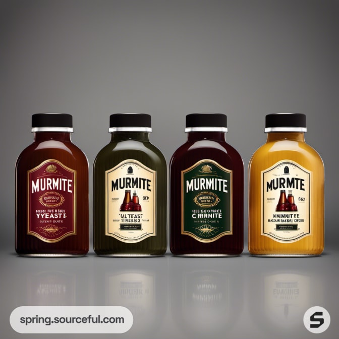 Four Murmite condiment bottles with different labels on a grey background.
