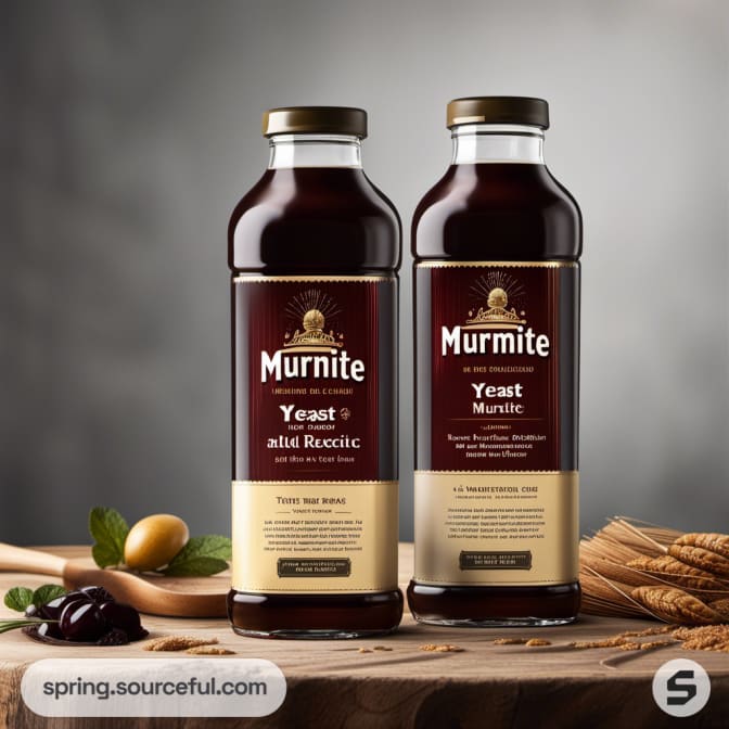 Two Murmite yeast extract bottles with additional ingredients on a rustic table.