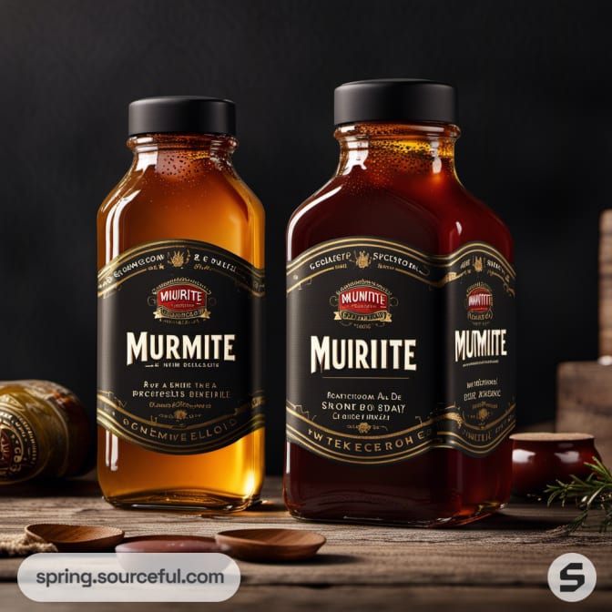 Two Murmite condiment bottles with dark themed labels on a wooden table.