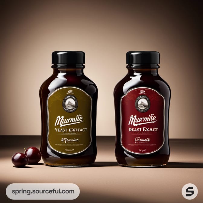 Two Murmite yeast extract bottles with minimalist labels on a brown gradient background.