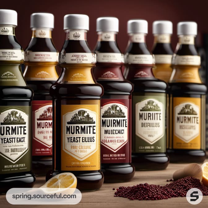 Several Murmite condiment bottles in various flavors with ingredients in the foreground.
