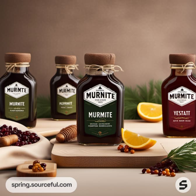Four Murmite condiment bottles with natural elements like herbs and fruits.