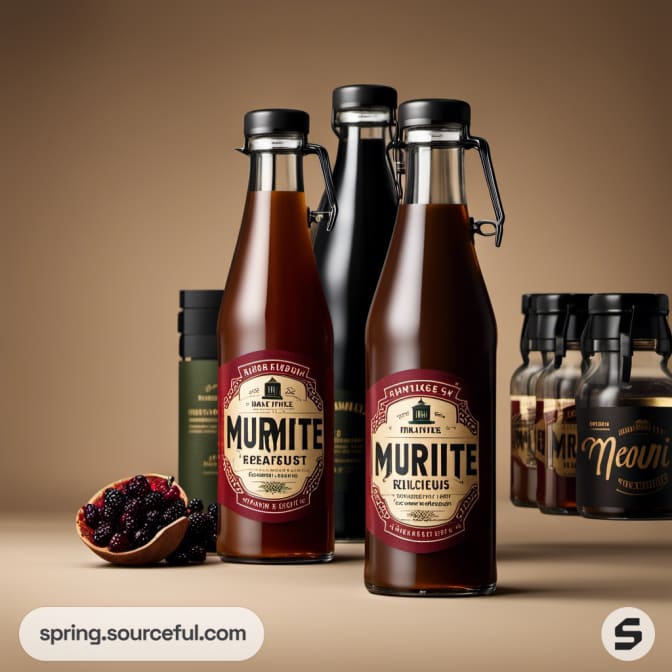 Assorted Murmite bottles with swing-top caps and berries on a brown surface.