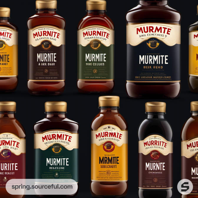 Nine assorted Murmite condiment bottles with different labels on a dark background.