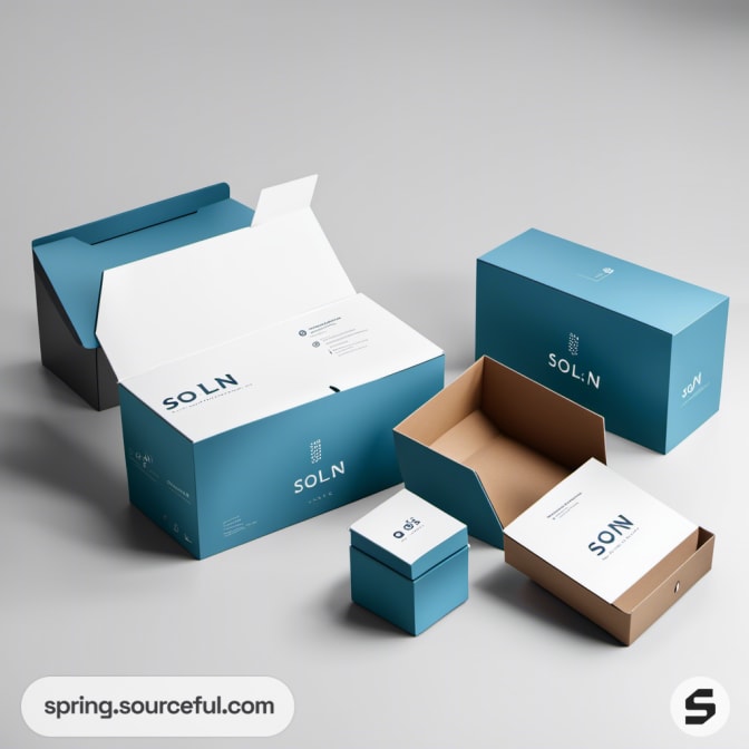 Blue and white packaging boxes on a grey background.