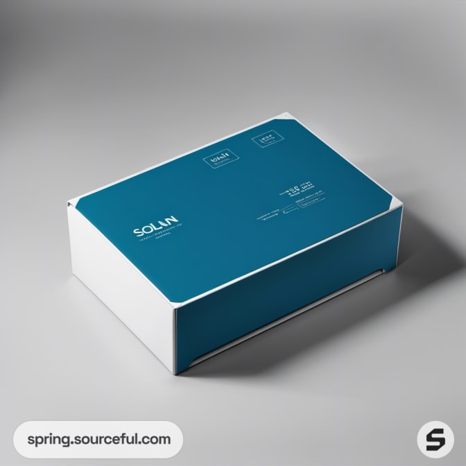 Teal mailer box with white detailing on grey surface.