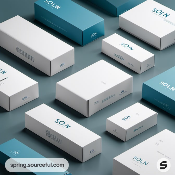 Various sizes of blue and white boxes on turquoise background.