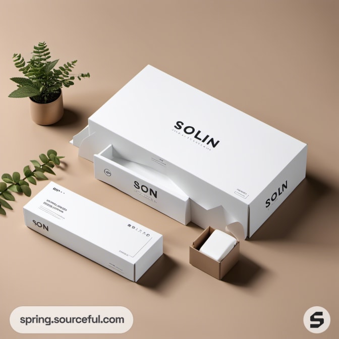 White boxes with plants on beige surface.