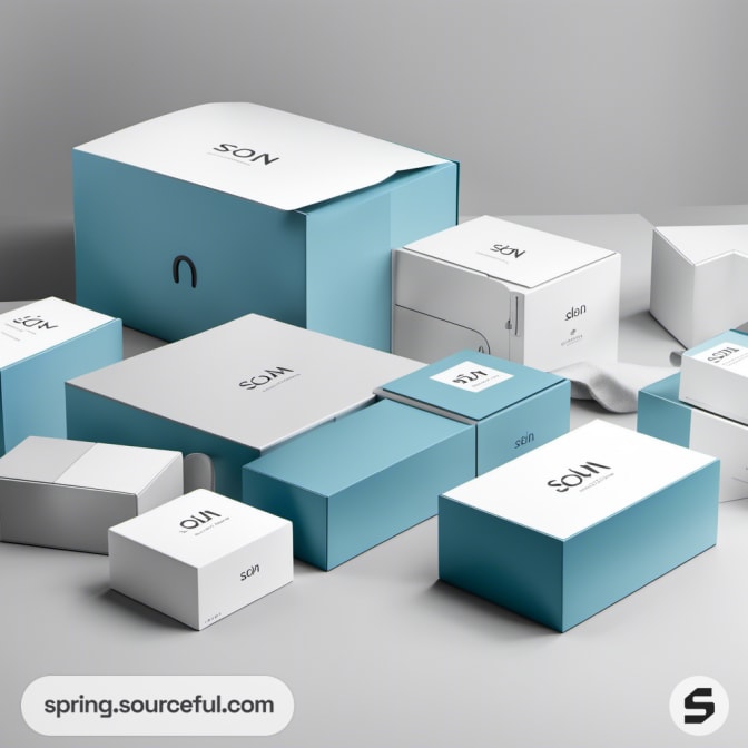 Blue and white boxes arranged on a grey surface.