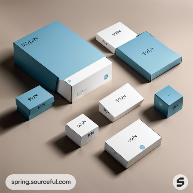 Blue and white boxes on a beige surface.