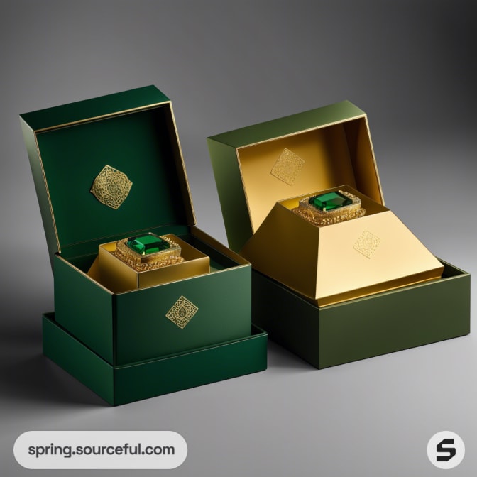 Luxurious green gift boxes with gold detailing and elegant patterns.