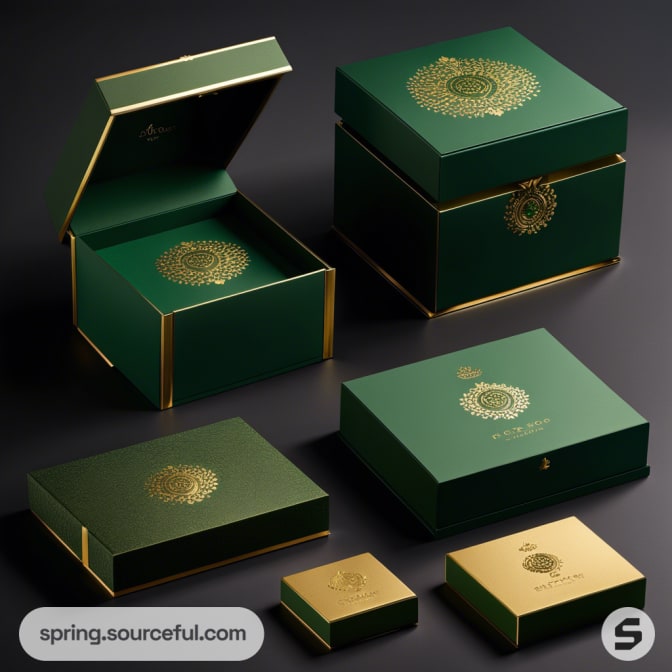 Stylish green and gold packaging boxes in various sizes.
