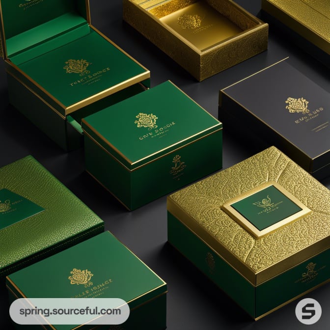 Ornate green and gold boxes with intricate designs.