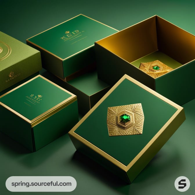 Elegant green boxes with gold accents and decorative details.