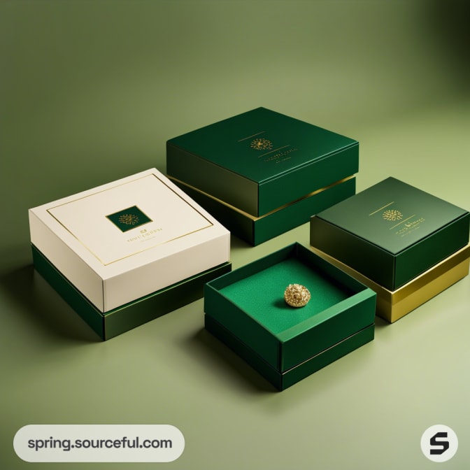 Green and gold luxury boxes on a soft green background.