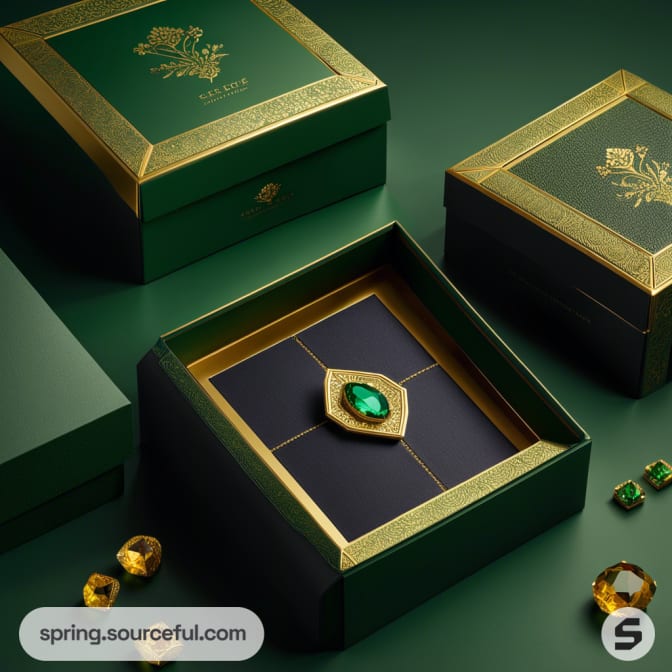 Classy green and gold boxes with an emerald embellishment.