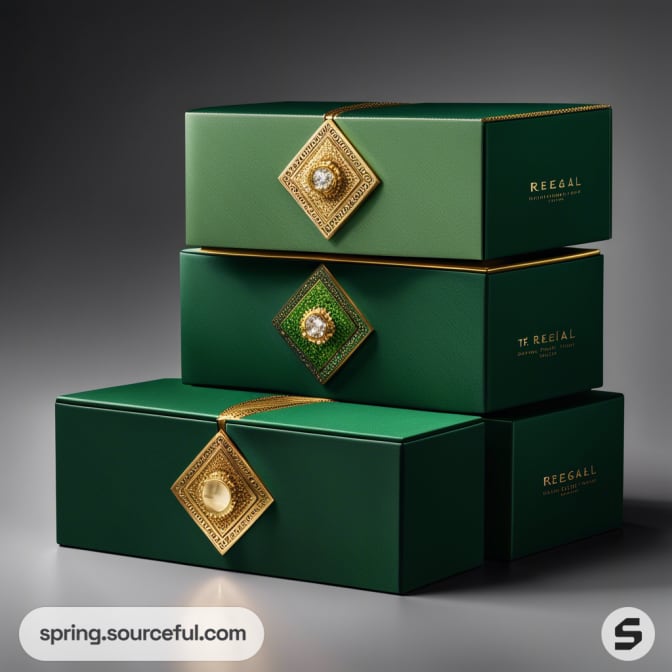 Stacked green boxes with gold diamond patterns.