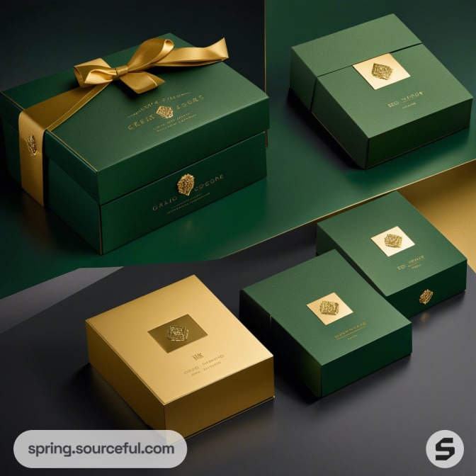 Green gift boxes with gold ribbons and accents.