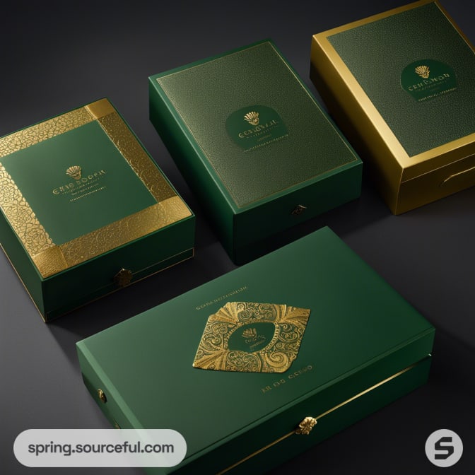 Green and gold boxes with decorative patterns.