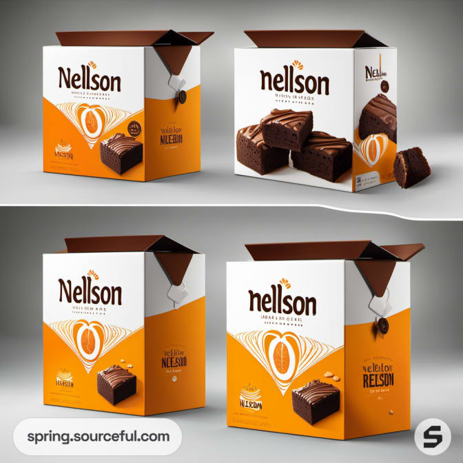 Open orange and white boxes displaying chocolate brownies