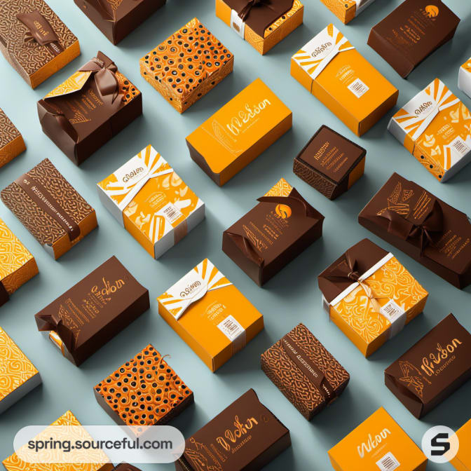 Assorted brown and orange patterned gift boxes on a teal background