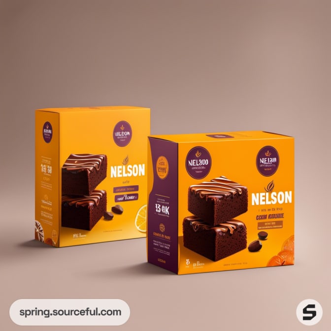 Two orange and purple boxes with chocolate brownies and coffee images