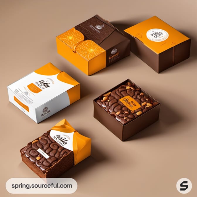 Brown boxes with chocolate and orange designs; one opened