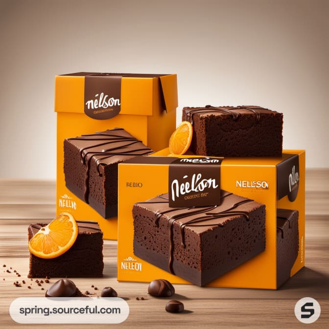 Brownie boxes with orange accents and chocolate slices on a wooden surface