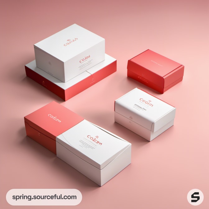 Sleek red and white packaging boxes arranged on a pink surface.