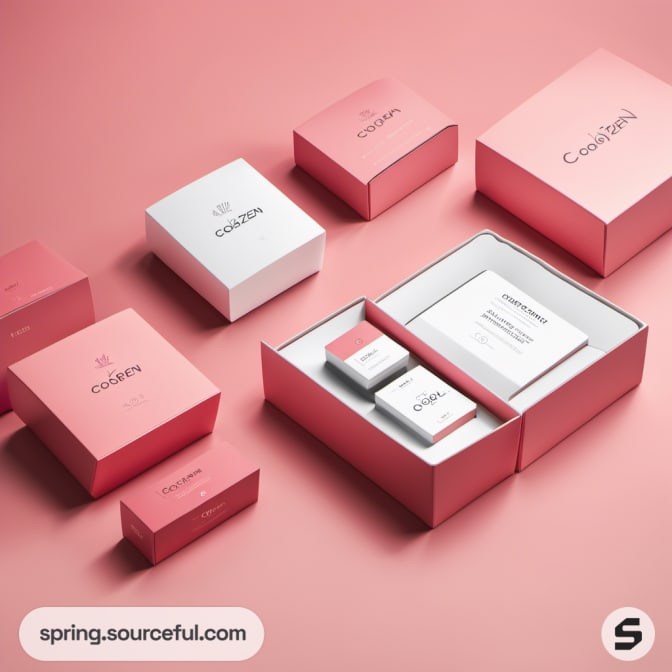 Open pink packaging box with product samples on a pink backdrop.