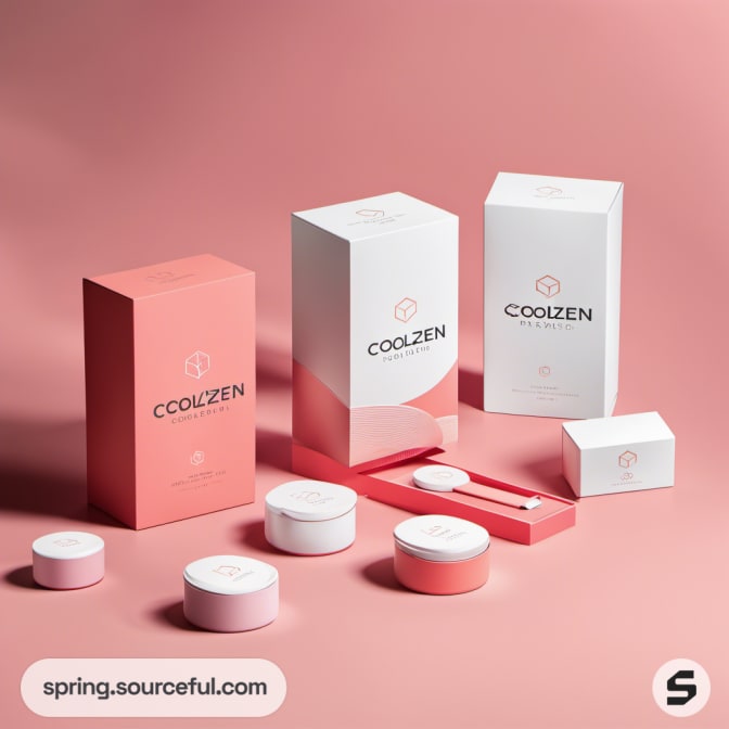 Tall and small round packages in pink and white placed on a pink surface.
