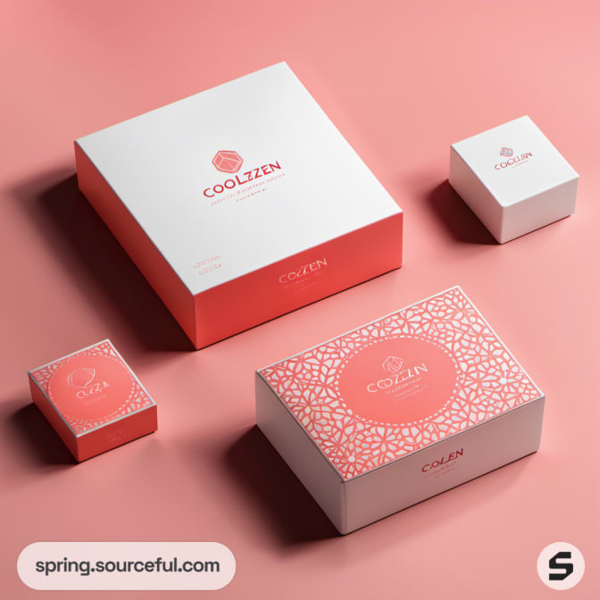 Flat lay of pink packaging boxes with intricate patterns on pink.